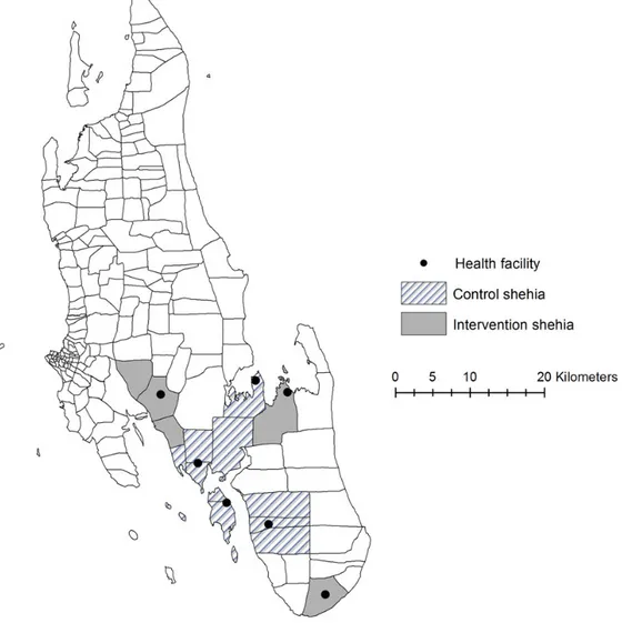 Figure 1. Map of control (striped) and intervention (grey) study shehias and health facilities (black dot), Unguja Island, Zanzibar.