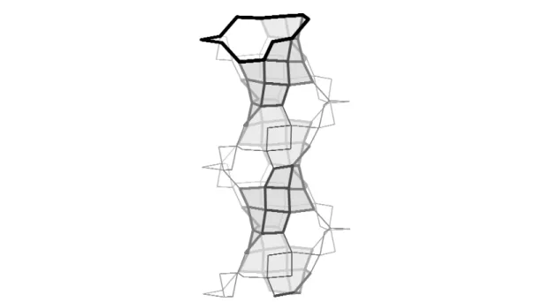 Fig. 6 The sinusoidal channel in chiral zincophosphate (IZA code CZP) [16]. The distorted 12-ring defining the effective channel width and a chain showing the helical nature of the channel have been highlighted