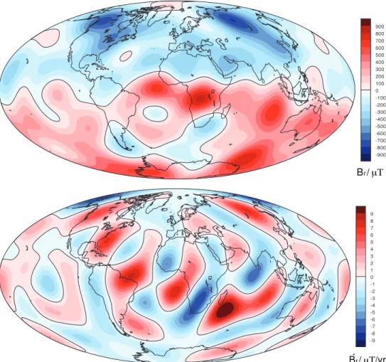 Fig. 6 shows how estimates of u H  derived from the xCHAOS MF and SV models in 2004.0 change as  cos γ  varies