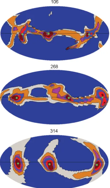 Figure 9. Influx density in streams and pancakes. Shown is influx density in Hammer–Aitoff maps of three haloes at R v 