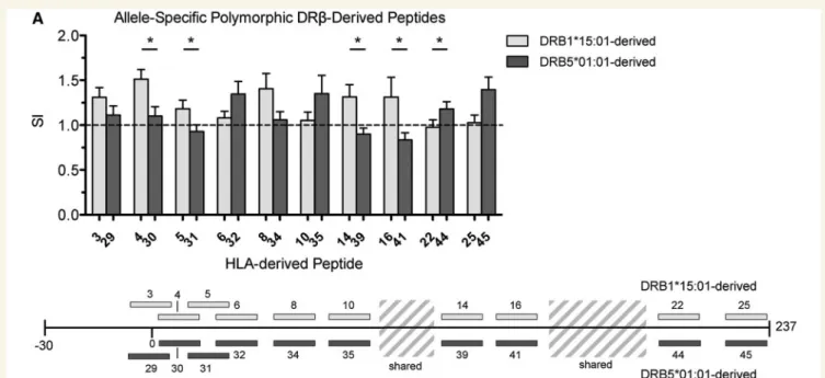 Figure 6 Reactivity to HLA-DRb chain-derived, allele-specific self-peptides. Comparison of 20 peptides derived from the polymorphic HLA-DRb chains of DRB1*15:01 and DRB5*01:01 (five donors, eight wells each; *P-value 50.05)