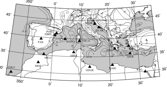 Figure 1. Location of the broad-band stations used in this study. The contour lines are after the Moho map of Meissner et al