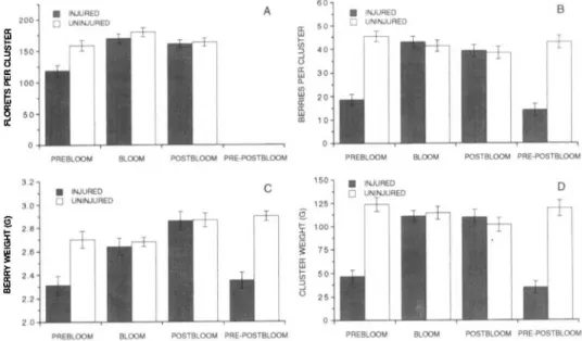 Fig. 1. Effect of feeding injury by caged T. scrupeus on yield components of Concord clusters