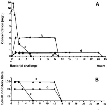 Figure 2. Prophylaxis of experimental endocarditis with amoxi- amoxi-cillin given as intravenous (iv) bolus or prolonged (12 or 24 h) infusion