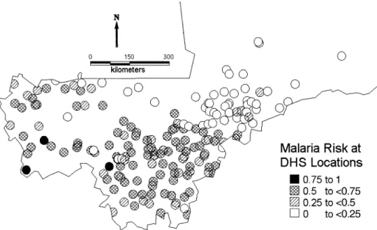 FIGURE 2. Estimated malaria prevalence at the 183 infant mortality sample locations in Mali obtained from the model of Kleinschmidt et al.