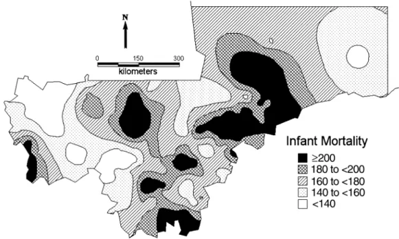 FIGURE 3. Smoothed map of the infant mortality rate (per 1,000) in Mali based on the baseline model without covariates
