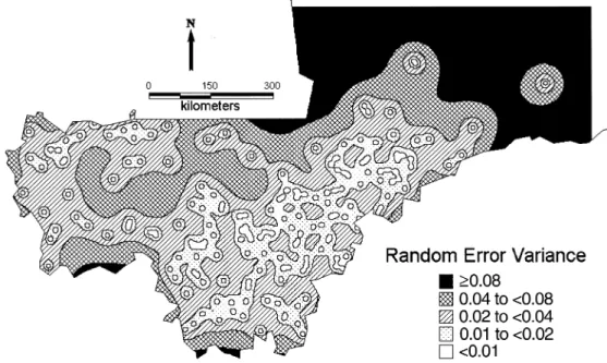 FIGURE 5. Map of Mali showing the variance of the residual spatial variation of the infant mortality risk (at logit scale) adjusted for socioeco- socioeco-nomic variables.