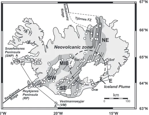 Fig. 1. Map showing the Neovolcanic zones of Iceland (dark shading) and sample locations of all 142 lavas (open circles) on which this study is based