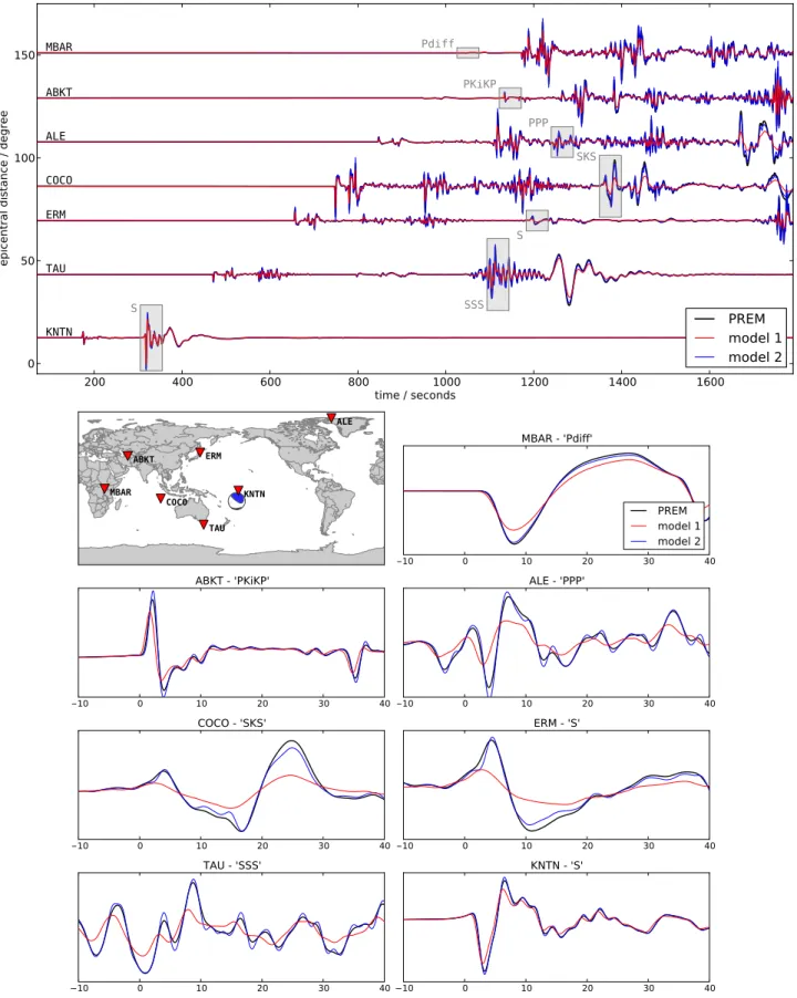 Figure 3. Comparison of vertical-component displacement seismograms (bandpass filtered between 2 and 200 s period) for a moment magnitude M w = 5 