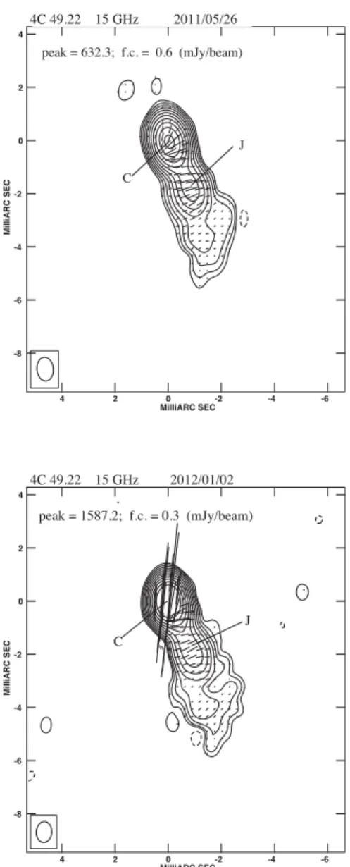 Figure 2. 15-GHz VLBA images of 4C + 49.22 from the observations on 2011 May (upper panel) and 2012 January (bottom panel)