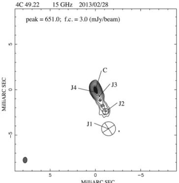 Figure 4. 15-GHz VLBA image from the observations performed during 2013 February with the positions of the jet components discussed in  Sec-tion 5.1