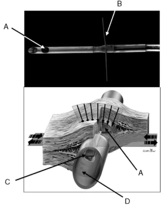 Fig. 1. The needle force probe (upper panel), 1.5 mm thick and 9 mm long, is designed with a lateral window (A) containing the flexural bar (not visible)