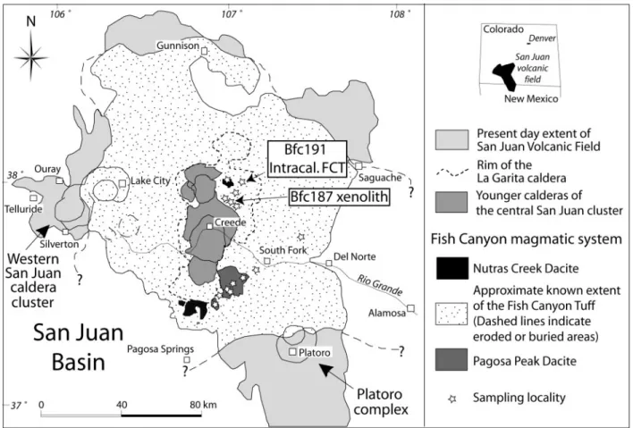Fig. 1. Location map of the San Juan volcanic field, showing the distribution of the three units of the Fish Canyon magmatic system and the sampling localities (modified from Bachmann et al., 2007)