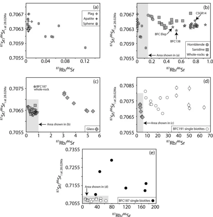 Fig. 2. (a)^(e) plots of 87 Sr/ 86 Sr i vs 87 Rb/ 86 Sr for analyses of single crystals, whole-rocks and glass, scaled in each case to show a suitable range in values on the x- and y-axes