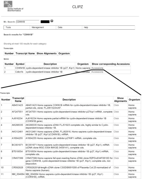 Figure 5. The Search tool can be used to retrieve transcripts by Genbank accession number, gene name or symbol