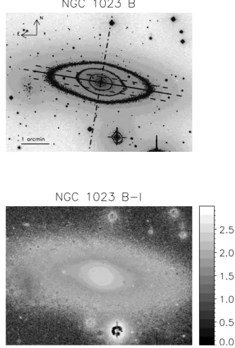 Figure 1. The B-band image (top) and B 2 I colour map (bottom) of NGC 1023. In the B-band image, the overplotted full line is the major axis ðPA ¼ 808 : 2Þ, while the minor axis is indicated by the dot-dashed line