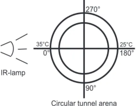 Fig. 1. Trial design: circular tunnel arena used for the behavioral bioassays on temperature preference of  ovipos-iting females.