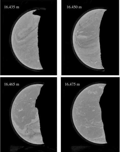 Figure 9. Four X-ray tomographic sections through event horizon S5 in borehole SR1 between 16.435 and 16.475 m depth, showing two cuts through an updoming with concentric layering (16.435 and 16.450 m), followed by a section showing a very clear, undulatin