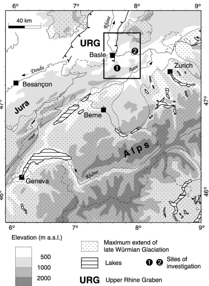 Figure 1. Topographic and drainage map of Switzerland and neighbouring countries, showing the extent of the late W¨urmian glaciation
