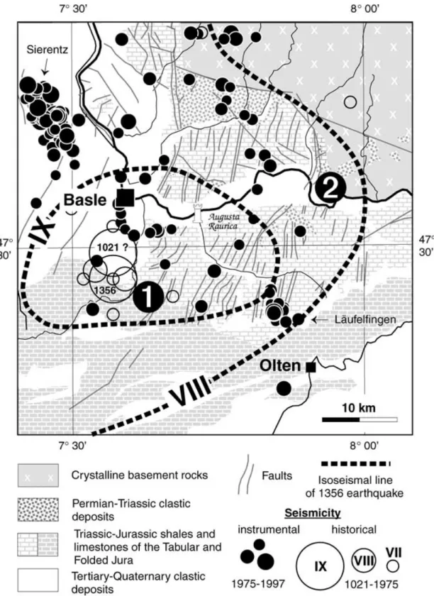 Figure 2. Geological map of the Basle region with instrumental and historical seismicity