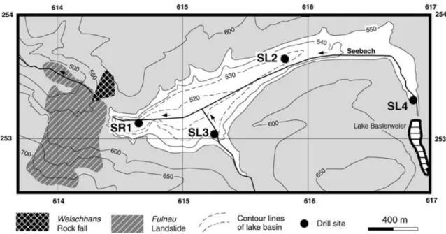 Figure 4. Topographic and bathymetric map of Lake Seewen showing the drill sites. The white area marks the maximum extent of Lake Seewen.