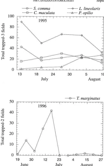 FIGURE  5. Total catch on sticky traps by date for the most abundant predatory arthropods in  1995 and  1996