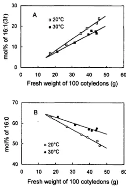 Fig. 4 Effect of two growth temperatures on the cotyledon fresh weight during the cotyledon development