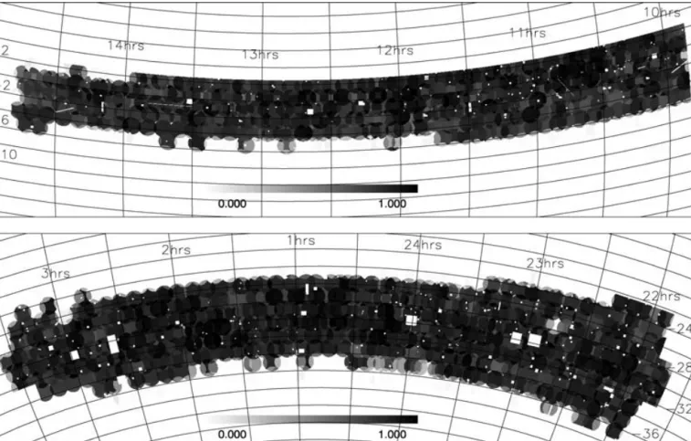 Figure 1. The redshift completeness masks for the NGP (top) and SGP (bottom). The grey-scale shows the completeness fraction.