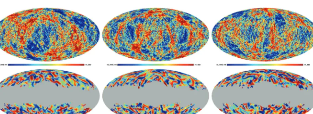 Figure 6. Alignment and signed-intensity analyses: cumulative probabilities maps in Mollweide projection for the total weights TW T (ω, a 3 ) (top panel) and signed intensities I T ( ω , a 3 ) (bottom panel) at wavelet scale a 3 , resulting from the differ