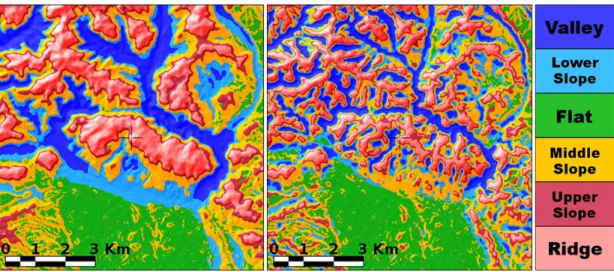 Figure 3. An example of the slope classification’s dependence on the scale. Spatial windows of 2020 m (on left-hand panel) and of 500 m (on right-hand panel) were utilized in classification