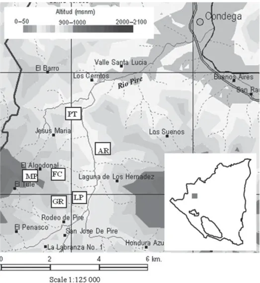 Fig. 1. Location of the sites in the Rio Pire watershed (source: MAGFOR, see Suppl Mat 1)