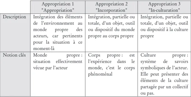 Tableau 1. Description des trois pôles d’appropriation (Theureau, 2011). 