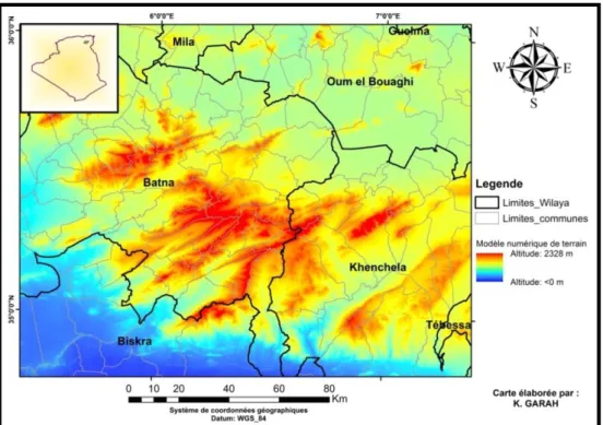Figure 2. Carte de modèle numérique de terrain de la partie orientale de l’Algérie (région des  Aurès)