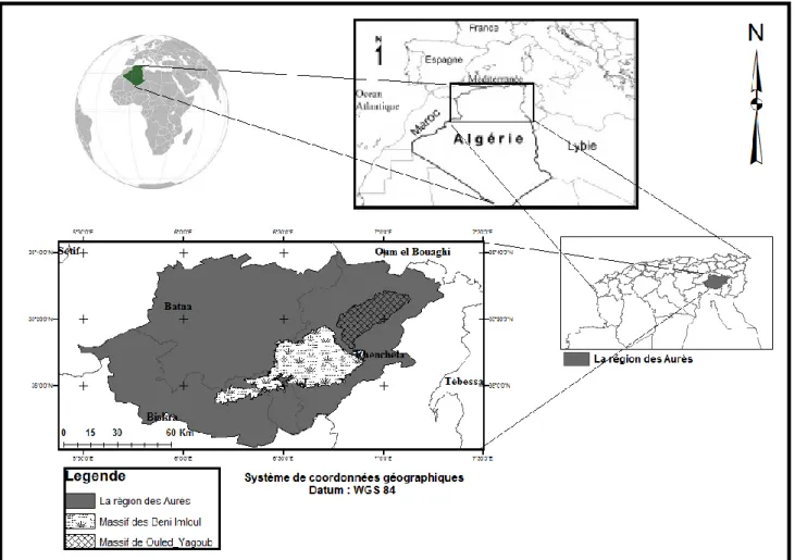 Figure 3. Carte de situation de la région des Aurès et des massifs de Ouled Yagoub et des  Beni Imloul