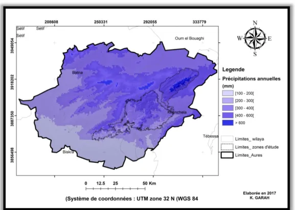 Figure 16. Carte de distribution spatiale des hauteurs des précipitations annuelles de la région  des Aurès