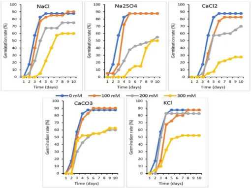 Figure 5. Effet de différents types de solutions salines (NaCl, Na 2 SO 4 , CaCl 2 , CaCO 3  et KCl) à  différentes concentrations de (0, 100, 200 et 300 mM) sur la cinétique de germination de Phaseolus 