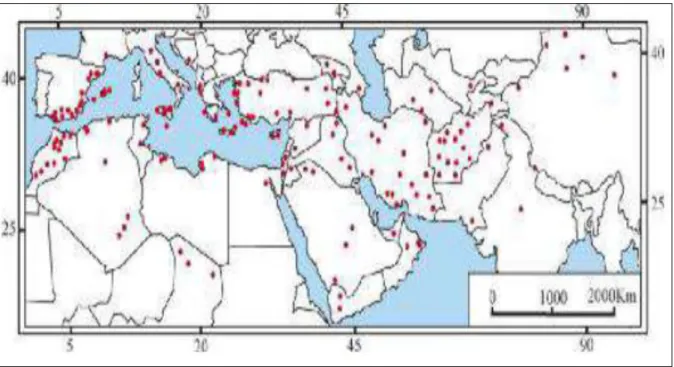 Figure 3. Distribution de Capparis spinosa L. (•) sur le bassin méditerranéen (Jiang et  al., 2007)