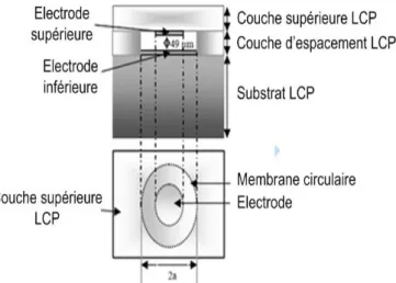 Figure I.11:Structure d’un capteur de pression capacitif MEMS à base de LCP [15, 17] 