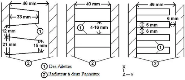 Figure I.4. Représentation des sections des panneaux du radiateur avec des dimensions et  géométries (vue de dessus)