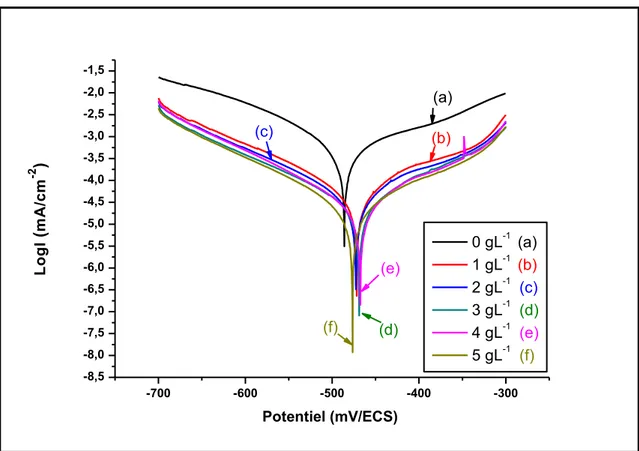 Fig. III.4 Courbes de polarisation de l'acier A60 dans1M HCl en absence et en présence de  différentes concentrations de PCE