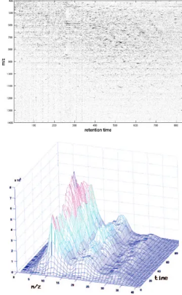 Fig. 2. Top: LC/MS image. The x-axis is the retention time, the y-axis is the peptide mass