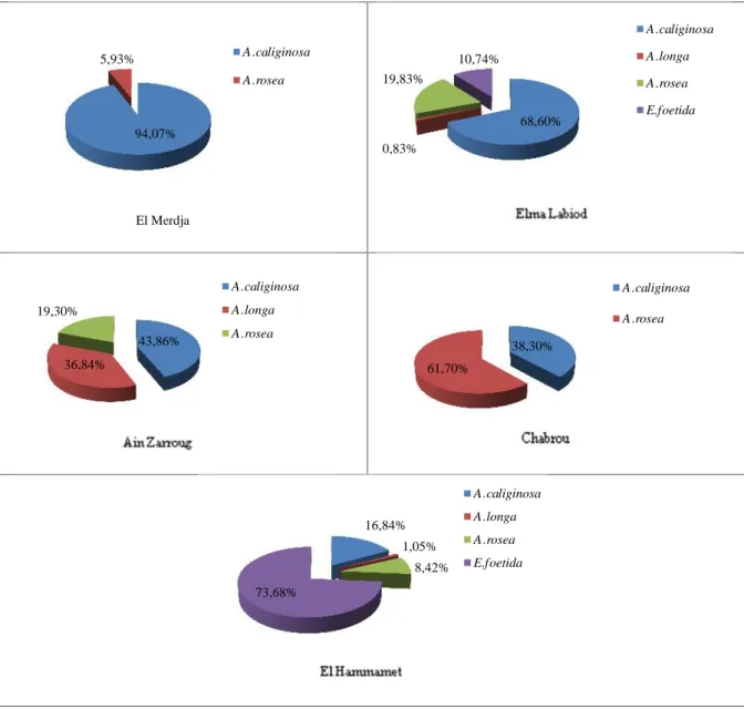 Figure 31. Pourcentage des  différentes  espèces  recensées dans  les  différents  sites pendant  la période d’étude.