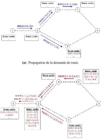 Figure 2.9 : Exemple d’établissement de route dans le protocole DSR. 