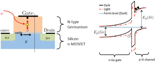 Figure II.11: Photo-MOSFET schematic and band diagram of a cross section of the  device with and without illumination 