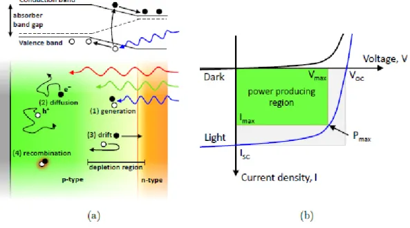 Figure II.12: (a) Illustration of the main charge carrier processes in a conventional p-n  junction solar cell, (b) I-V characteristics of a p-n junction diode under both dark and 
