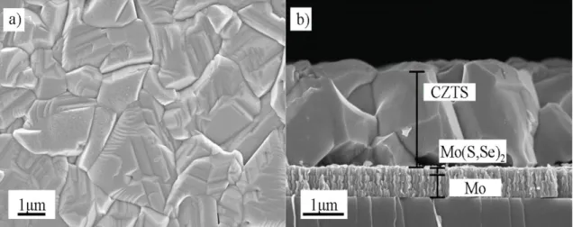 Figure II.15. Top-view and cross-sectional view SEM images of the CZTSSe-based  solar cell device with 12.6% record efficiency [70]