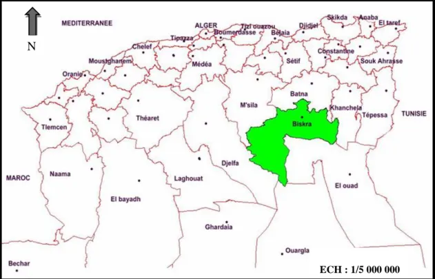 Figure 12 : Limites administratives de la wilaya de Biskra  1.1.2. Facteurs abiotiques 