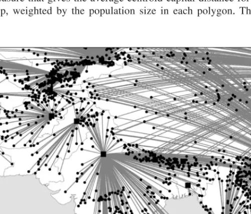 FIGURE 1 . Geodesic distances between capitals and ethnic group center points