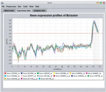 Fig. 2. View of the expression profiles of genes from the selected bicluster.