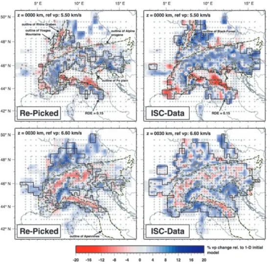 Figure 14. Comparison of tomographic images based on high-quality re-picked phase data (left-hand column, total of 13 300 P-phases with an average estimated timing error of 0.12 s) and standard ISC phase data (right-hand column, total of 95 000 P-phases wi